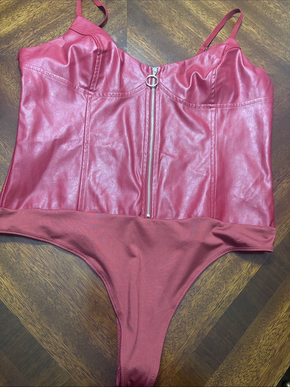Guess Burgundy Faux Leather Corset Bodysuit with Silver Zipper